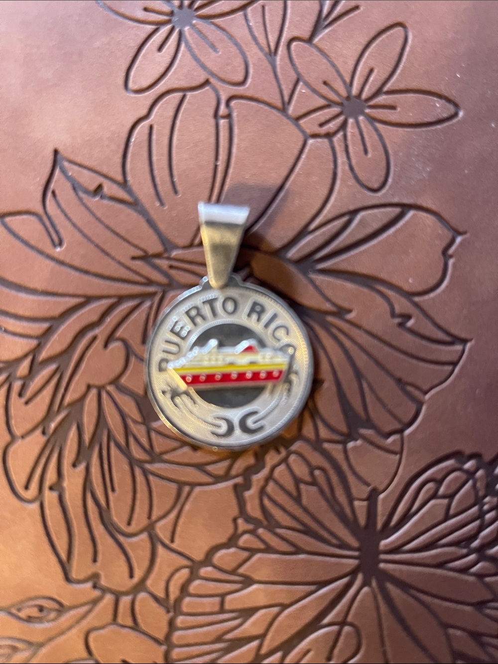 Puerto Rico Silver-Tone Pendant with Red & Yellow Ship Accent